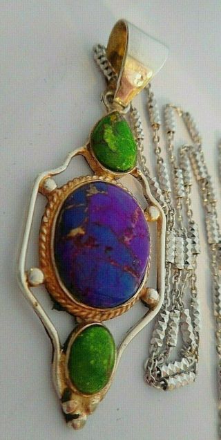 Rare Vintage 80s Sterling Silver Purple & Green Turquoise Pendant18 " Fancy Chain