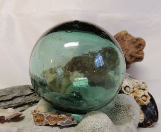 Vintage Japanese Glass Fishing Float.  Rare Emerald Green & Bubbles (71)
