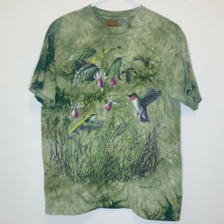 Vintage The Mountain Rare Hummingbird Flowers Tie Dye L Shirt Green Acid Wash