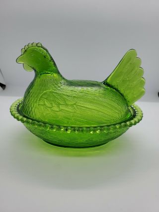 Rare Vintage Indiana Iridescent Lime Green Carnival Glass Hen Chicken On Nest 7 "