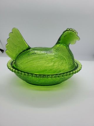 RARE Vintage Indiana Iridescent LIME GREEN Carnival Glass HEN CHICKEN ON NEST 7 