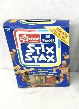 Rare Vintage Construction Wood Building Toy Blocks - Stix Stax By Connor 1985