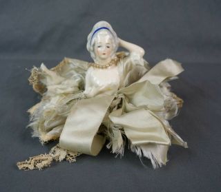 Rare Antique Drgm German Porcelain Figural Half Doll Powder Puff Vanity Restore