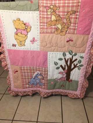 Vguc - Rare - 45”x36” Disney Winnie The Pooh Piglet Comforter Pink Floral Ruffle