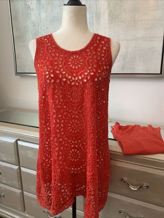 Johnny Was Embroidered Tunic Blouse Top Deep Coral 2 Piece Rare Sz Sz