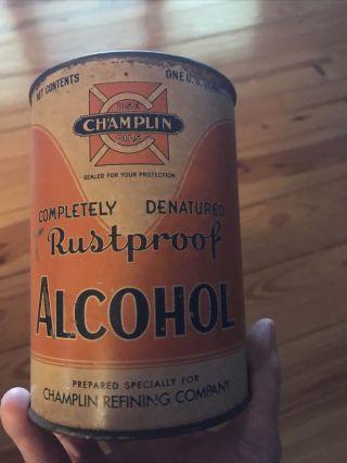 Very Rare Champlin Rustproof Alcohol Tin 1 Quart Pre Anti - Freeze