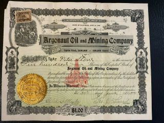 1900 Argonaut Oil & Mining Co.  Stock Cert.  Serial 1 Historic Calif Mine Rare