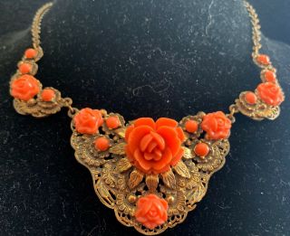 Very Rare Antique Victorian Necklace Carved Pink Roses Gold Toned Filligree