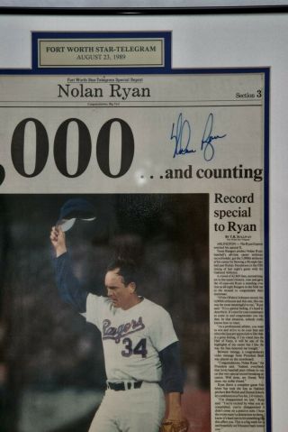 Nolan Ryan Rare Auto wCOA Rangers 5,  000 K ' s,  Texas Newspaper,  Black Wood Frame 2