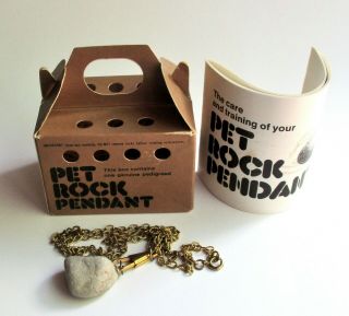 Pet Rock Pendant Gold Tone Necklace Box Booklet Straw Nest 1975 Rare