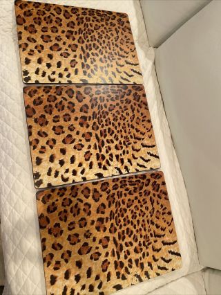 Set Of 3 Rare Lynn Chase Leopard Jungle Placemats Wood Cork Velvet Backed