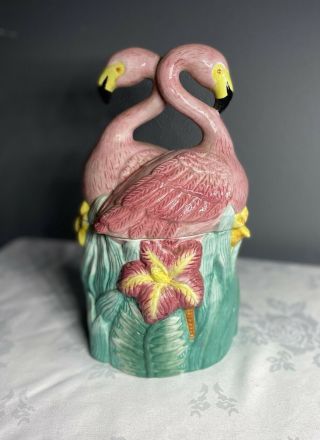 Rare Vintage 2 Pink Flamingos Flower Cookie Jar 11.  5 In