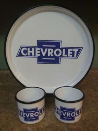 Vintage/ Rare Chevrolet Enamel Tray And Coffee Cups