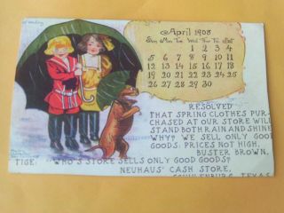 Rare 1908 Outcault Calendar Postcard Ad Buster Brown Shoe Tige Schulenburg Texas