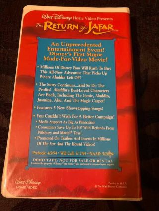 Disney The Return of Jafar (Aladdin 2) (VHS ' 94) VERY RARE SCREENER / DEMO TAPE 2