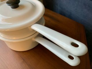 Enamel Double Boiler Stovetop Cookpot Rare All White Vintage 3piece Includes Lid