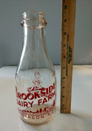 Rare Vintage Brookside Dairy Farm Milk Bottle Quart Henderson North Carolina Nc