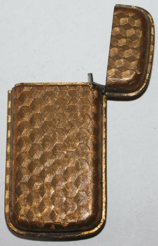 Antique Brass Match Safe - Checkboard Parquet Etching - Holder Vintage Rare