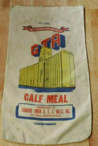 Rare Vintage Gta Calf Meal Feed Bag Sack Mill Graphics Farmers Union St.  Paul