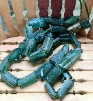 Ancient Roman Glass Beads Strand Mixed Size Green Color Rare Old