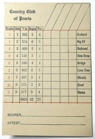 Peoria Il Country Club Of Peoria 1910s Golf Score Card Extremely Rare
