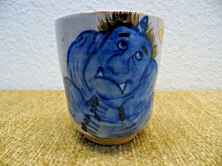 Vtg Rare Japanese Arita Ware Mug Cup Blue Monster Scared Scary Ceramic Clay Wow