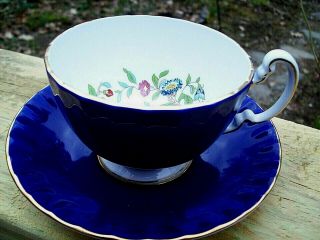 Rare Vintage Aynsley Fine Bone China - Cobalt Blue Bird Tea Cup And Saucer