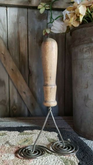 Rare Vintage Antique Double Spiral Wire Potato Masher Wood Handle