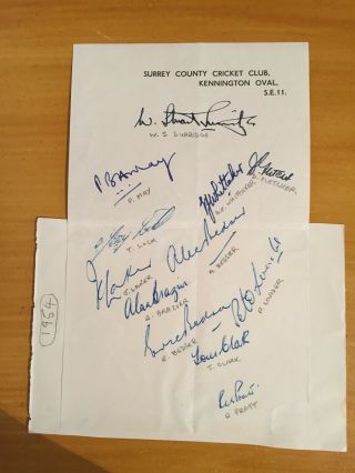 1954 Signed By 12 Surrey Ccc Rare Official Album Page May Lock Laker Pratt Clark