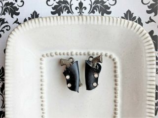 Vintage Western Mini Six Shooter Gun Black Leather Holster Clip - On Earrings Rare
