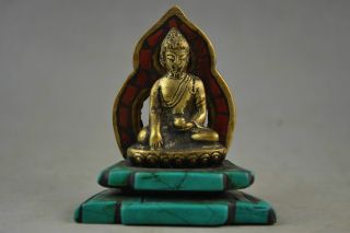 Rare Old Copper & Turquoise Carving A Tibet Buddha Prayer Peace Showily Statue