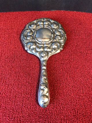 Vintage Antique Heavy Silver Plated Ornate Vanity Hand Mirror 10.  5 " X 5.  5 " Rare