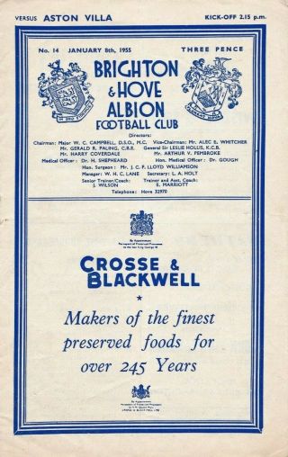 Rare Football Programme Brighton & Hove Albion V Aston Villa Fa Cup 1954 - 1955