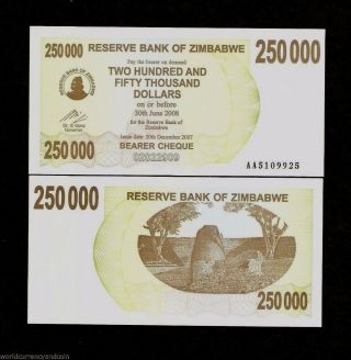 Zimbabwe 250000 250,  000 Dollars P - 50 2007 Aa Bearer Check Unc Rare Money Note