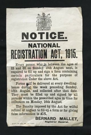 Rare Vintage 1915 Notice National Registration Act Poster