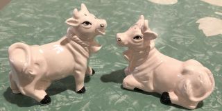 Rare Vintage Artmark Japan Pink Cow & Bull W/ Horns Bell - Salt Pepper Shakers
