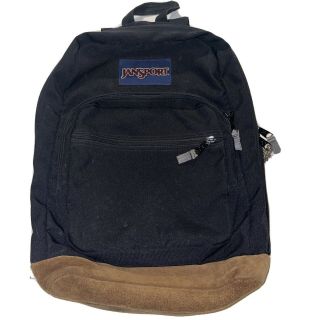 Vintage 90s Jansport Canvas Backpack Leather Suede Bottom Black Rare