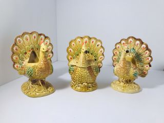 3 Enesco Peacocks Gold Sugar Bowl,  Dish,  Napkin Holder 1970s Retro Vintage Rare