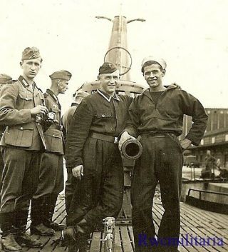 Rare Wehrmacht Troops W/ American Sailor On U - Boat Submarine Deck In Port