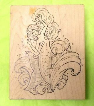 Rare Stampa Rosa Mermaid Rubber Stamp Wood Mounted Smiling Sea Siren Water Waves