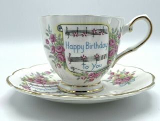 Vtg Elizabethan " Happy Birthday " Floral Fine Bone China Tea Cup & Saucer - Rare