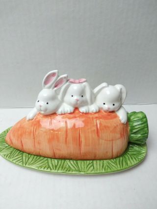 Very Pretty.  Easter Butter Dish - 3 Bunnies,  Carrot Butter Dish - 7 1/2 Rare