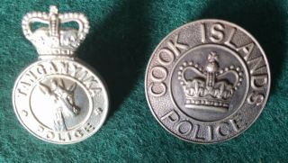 2 X Police Hat Badges - Cook Islands And Tanganyika Police - Both Rare