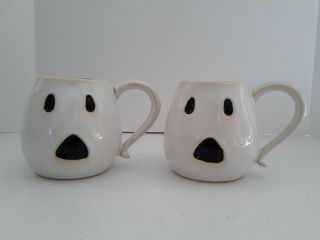 Set Of 2 Pottery Barn Ghost Coffee Mugs For Halloween Spooky Rare Aged Look