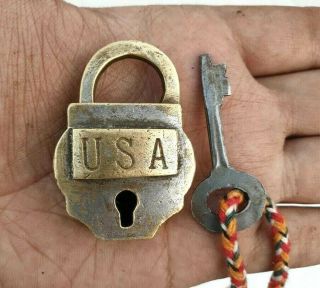 Vintage Old Antique Rare Handmade Usa Engrave Brass Lock & Key,  Collectible