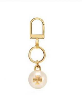 Tory Burch Designer Large Pearl Logo Gold Plated Key Chain Bag Charm Rare