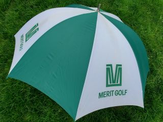 Vintage Merit Sporting Umbrella Green White Golf Xl 60” With Cover Rare 1990s