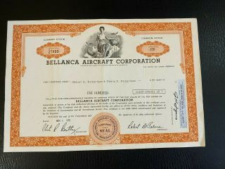 1975 Bellanca Aircraft Corp.  Stock Certificate Rare Aviation Stock