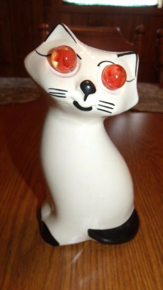 Rare Vintage White Cat Coin Bank Ceramic With Marble Eyes 50,  Years Old