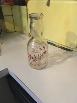 Rare Vintage Quart Driessen Milk Bottle Glass Appleton,  Wi Use The Top It Whips